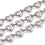 304 Stainless Steel Heart Link Chains, Unwelded, with Spool, Stainless Steel Color, 13x10.5x3~3.5mm, about 16.40 Feet(5m)/Roll(CHS-Q009-03P-02)