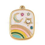 304 Stainless Steel Pendants, Rectangle with Moon Charms, with Enamel & Rhinestone, Golden, 23.5x16.5x2.5mm, Hole: 1mm(STAS-H249-09B-G)