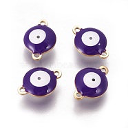 Ion Plating(IP) 304 Stainless Steel Enamel Links connectors, Flat Round with Evil Eye, Golden, Indigo, 14.5x10x4.5mm, Hole: 1.4mm(STAS-F206-02G-C02)