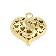 Hollow Brass Pendants for Valentine's Day, Heart with Letter, Real 18K Gold Plated, Letter S, 25x26x13mm, Hole: 2.5mm(KK-M289-03S-G)