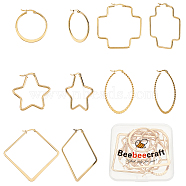 Beebeecraft 5 Pairs 5 Style 304 Stainless Steel Geometric Hoop Earrings, Rhombus & Star & Ring & Cross & Oval, Golden, 34~64x33~64x2mm, Pin: 1x0.6~1mm, 1pair/style(EJEW-BBC0001-01)