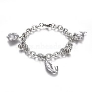 304 Stainless Steel Charm Bracelets, with 201 Stainless Steel Ring, with Lobster Claw Clasps, Shrimp & Fish & Dolphin, Stainless Steel Color, 7-1/2 inch(19cm), Charm: 8.5x6mm and 17.5~27.5x13~17mm(BJEW-L637-31-P)