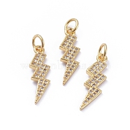 Brass Micro Pave Cubic Zirconia Pendants, with Jump Rings, Long-Lasting Plated, Lightning, Clear, Golden, 20x6x1.5mm, Hole: 3mm(ZIRC-G163-09G)