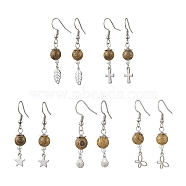 304 Stainless Steel Mixed Shape Dangle Earrings, with Natural Wenge Wood Beads, Stainless Steel Color, 42~47x6~11mm(EJEW-JE05723-02)