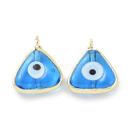 Handmade Evil Eye Lampwork Charms, with Real 18K Gold Plated Tone Brass Findings, Triangle Charm, Deep Sky Blue, 12x13x4mm, Hole: 2mm(ZIRC-F136-07G-03)