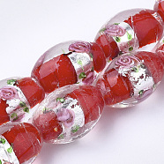 Handmade Silver Foil Glass Lampwork Beads, Oval with Flower, Red, 16~17x9~11mm, Hole: 1.5~2mm(X-LAMP-Q030-02G)