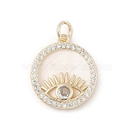 Brass Micro Pave Clear Cubic Zirconia Pendants, with Natural White Shell and Jump Ring, Real 18K Gold Plated, Flat Round, Evil Eye, 18x16x3mm, Hole: 3.2mm(KK-A207-10C-G)