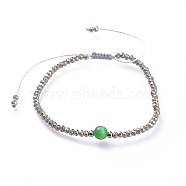 (Jewelry Parties Factory Sale)Adjustable Electroplate Glass Braided Bead Bracelets, with Cat Eye Beads, Nylon Thread and 304 Stainless Steel Spacer Beads, Lime Green, 2-1/8 inch~3-3/8 inch(5.3~8.5cm)(BJEW-JB04587-03)
