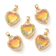 K9 Glass Pendants, with Golden Tone Brass Findings, Faceted, Heart Charms, Light Topaz, 18x15x7.7mm, Hole: 5x3mm(FIND-C036-01G-03)