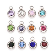 304 Stainless Steel Pendants, with K9 Rhinestone, Flat Round, Mixed Color, 12x8x4mm, Hole: 2.5mm(STAS-M300-02B-P)