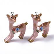 Resin Pendants, with Platinum Tone Iron Loop, Sika Deer, Rosy Brown, 43~44.5x37x17mm, Hole: 2mm(RESI-R426-08)