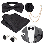 Polyester Satin Bow Tie for Men, with Handkerchief and Iron Cufflink, and Alloy Hanging Chain Brooches, Black(FIND-GA0003-49A)