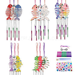 DIY Fishbone Wood Wind Chime Making Kit, Including 45Pcs Aluminum Tube Wind Chim, 15Pcs Wood Fishbone, 13M Silver Wire, 2Pcs Brush, 1 Sheets Rhinestone Sticker, 15Pcs Colored Rope, Fish, 126x79mm(DIY-WH0600-002)