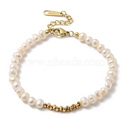 Natural Pearl Beaded Bracelets, Ion Plating(IP) 304 Stainless Steel Jewelry for Women, Real 14K Gold Plated, 6-3/4 inch(17cm)(BJEW-K238-03G)