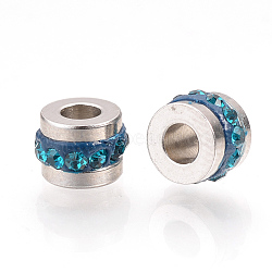 201 Stainless Steel Rhinestone Beads, Column, Blue Zircon, 7x5mm, Hole: 3mm(RB-R052-05)