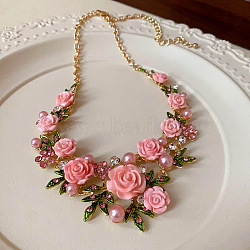 Spring Alloy Rhinestone & Plastic Pearl Rose Flower Garland Bib Necklaces for Women, Golden, Pink, 19.25 inch(48.9cm)(FS-WG9B03D-02)
