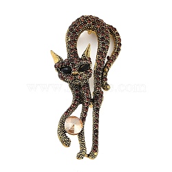 Cat Shape Colorful Rhinestone Brooches, Alloy Lapel Pins for Backpack Clothes, Antique Golden, 71.5x33mm(JEWB-S030-03B)