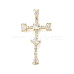 Real 18K Gold Plated Brass Micro Pave Cubic Zirconia Pendants, with Glass, Cross, Clear, 46x25x8.5mm, Hole: 2.7x6.3mm(KK-A209-09G-02)