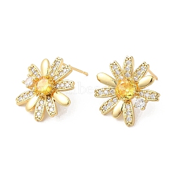 Flower Brass Micro Pave Cubic Zirconia Stud Earrings for Women, Real 18K Gold Plated, 20x19mm(EJEW-F316-12G)