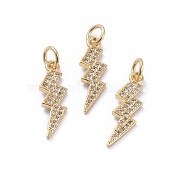 Brass Micro Pave Cubic Zirconia Pendants, with Jump Rings, Long-Lasting Plated, Lightning, Clear, Golden, 20x6x1.5mm, Hole: 3mm(ZIRC-G163-09G)