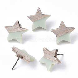 Resin & Wood Stud Earrings, with 304 Stainless Steel Pin, Star, Aquamarine, 17x18mm, Pin: 0.7mm(EJEW-N017-001A-C03)