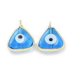 Handmade Evil Eye Lampwork Charms, with Real 18K Gold Plated Tone Brass Findings, Triangle Charm, Deep Sky Blue, 12x13x4mm, Hole: 2mm(ZIRC-F136-07G-03)