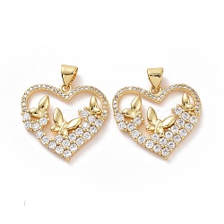 Brass Cubic Zirconia Pendants, Heart with Butterfly Charm, Golden, 21x22x3mm, Hole: 3x5mm(ZIRC-I062-05G)