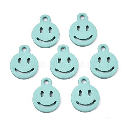 Spray Painted Alloy Charms, Cadmium Free & Lead Free, Flat Round with Smiling Face, Pale Turquoise, 12.5x9.5x1.5mm, Hole: 1.5mm(PALLOY-T075-121G-RS)