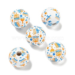 Printed Wood European Beads, Round with Candle Pattern, White, 15.5~16mm, Hole: 4~4.5mm(WOOD-G022-15B)