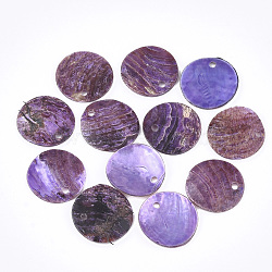 Spray Paint Natural Akoya Shell Pendants, Mother of Pearl Shell Pendants, Round, Medium Orchid, 15x1~3mm, Hole: 1.1~1.5mm(SHEL-S274-75C-04)