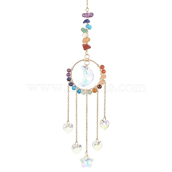 Glass Heart/Star/Moon Pendant Decoration, Hanging Suncatchers, with Ring Brass Finding & Chakra Gemstone Chip Beads, Golden, 310mm(HJEW-JM01209)