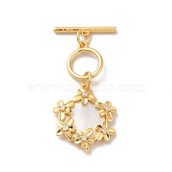 Brass Pave Clear Cubic Zirconia Toggle Clasps, with Natural Shell, Flower, Real 18K Gold Plated, Pendant: 20x17.5x3.5mm, Hole: 1.2mm, Bar: 18x3.4x1.6mm, Hole: 0.9mm, Ring: 12x10x1.4mm, Hole: 1mm(KK-M243-09G-01)