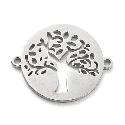 304 Stainless Steel Hollow Connector Charms, Flat Round with Tree of Life, Stainless Steel Color, 15.5x19x1mm, Hole: 1.2mm(STAS-P332-04P)
