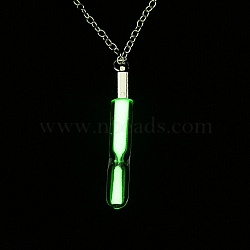 Luminous Alloy Locket Pendant Necklaces, Glow in the Dark, Sand Glass, Lime, 18.42 inch(46.8cm), Pendant: 38x7mm(NJEW-F284-08A)