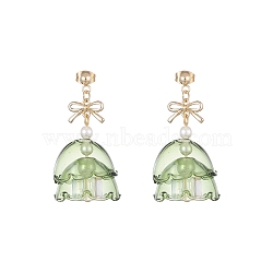 Christmas Tree Glass Dangle Stud Earrings with Shell Pearl Beaded, 304 Stainless Steel Jewelry, Golden, 40mm, Pin: 0.7mm(EJEW-TA00236)