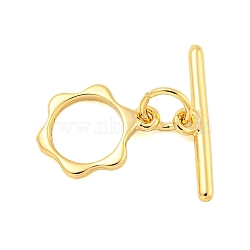 Brass Toggle Clasps, Flower, Real 18K Gold Plated, Ring: 12.5x9x1.5mm, Hole: 1mm, Bar: 16.5x3.5x1.2mm, Hole: 1mm.(KK-A223-07G)