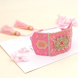 Friendship Eye Loom Pattern Seed Beads Bracelets for Women, Adjustable Tassel Nylon Cord Braided Bead Bracelets, Pink, 11 inch(28cm), 40mm(BJEW-Z013-15B)