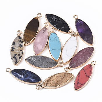 Edge Golden Plated Natural & Synthetic Mixed Gemstone Pendants, with Iron Loop, Horse Eye, Mixed Dyed and Undyed, 28.5~30.5x10.5x3.5mm, Hole: 1.6mm