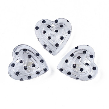 Transparent Acrylic Pendants, Heart with Polka Dot Pattern, Black, 22x21x9.5mm, Hole: 1.8mm
