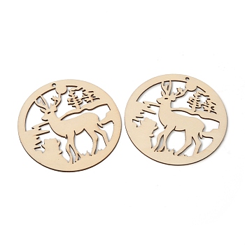 Christmas Theme Undyed Natural Wood Big Pendants, Flat Round with Christmas Reindeer/Stag, BurlyWood, 99mm, Hole: 4mm