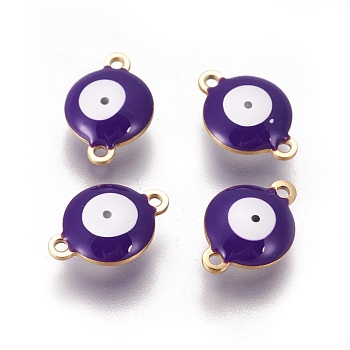 Ion Plating(IP) 304 Stainless Steel Enamel Links connectors, Flat Round with Evil Eye, Golden, Indigo, 14.5x10x4.5mm, Hole: 1.4mm
