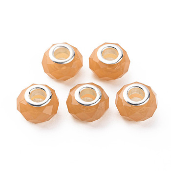 Resin European Beads, Large Hole Beads, with Silver Tone Brass Double Cores, Faceted, Rondelle, Goldenrod, 14x9mm, Hole: 5mm