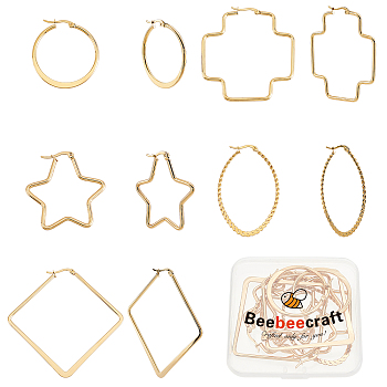 Beebeecraft 5 Pairs 5 Style 304 Stainless Steel Geometric Hoop Earrings, Rhombus & Star & Ring & Cross & Oval, Golden, 34~64x33~64x2mm, Pin: 1x0.6~1mm, 1pair/style