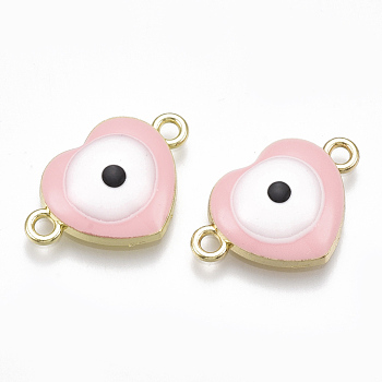 Alloy Links connectors, with Enamel, Heart with Evil Eye, Light Gold, Pink, 13.5x20.5x4.5mm, Hole: 1.8mm
