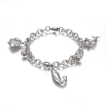 304 Stainless Steel Charm Bracelets, with 201 Stainless Steel Ring, with Lobster Claw Clasps, Shrimp & Fish & Dolphin, Stainless Steel Color, 7-1/2 inch(19cm), Charm: 8.5x6mm and 17.5~27.5x13~17mm