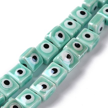 Handmade Porcelain Ceramic Beads Strands, Hand Painted, Famille Rose Style, Square with Evil Eye, Turquoise, 7.5~8x7.5~8x5~5.5mm, Hole: 2mm, about 40pcs/strand, 12.36~12.44 inch(31.4~31.6cm)
