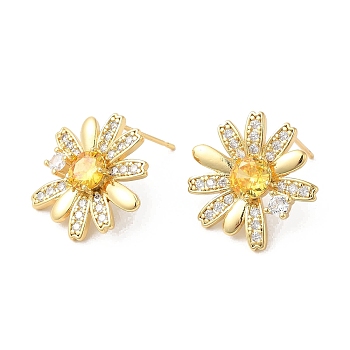 Flower Brass Micro Pave Cubic Zirconia Stud Earrings for Women, Real 18K Gold Plated, 20x19mm