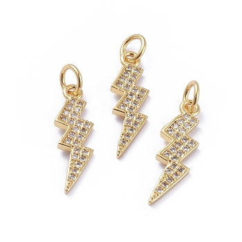 Brass Micro Pave Cubic Zirconia Pendants, with Jump Rings, Long-Lasting Plated, Lightning, Clear, Golden, 20x6x1.5mm, Hole: 3mm