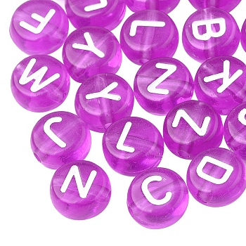 Transparent Acrylic Beads, Flat Round with White Mixed Letters, Dark Orchid, 7x4mm, Hole: 1.5mm, about 1480pcs/200g