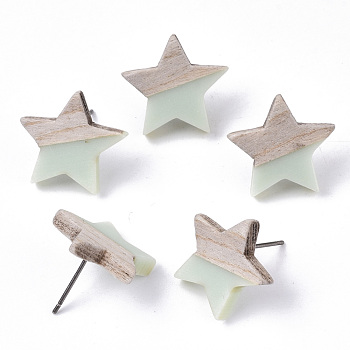 Resin & Wood Stud Earrings, with 304 Stainless Steel Pin, Star, Aquamarine, 17x18mm, Pin: 0.7mm